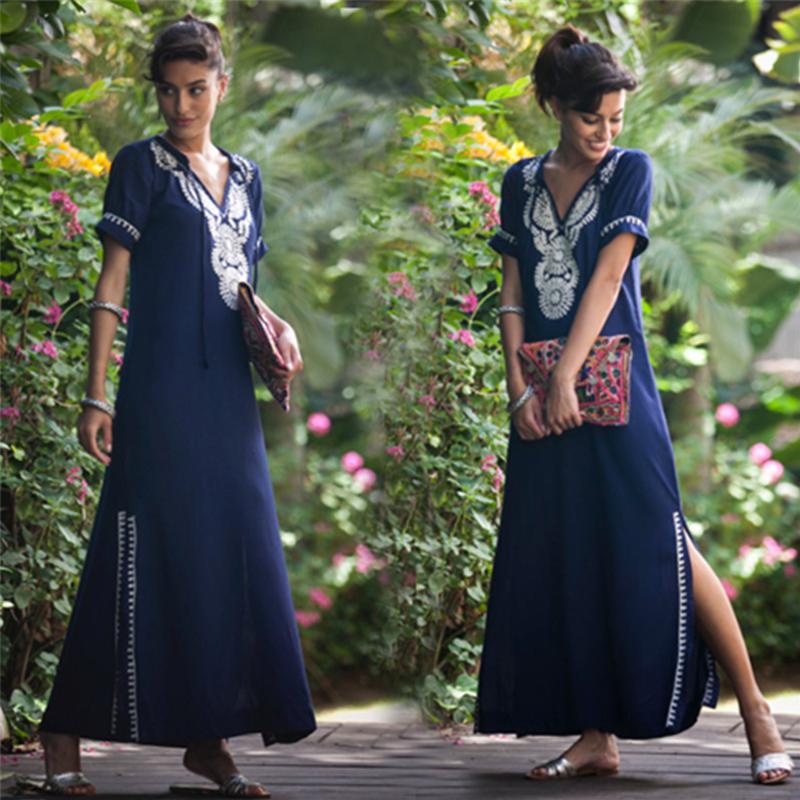 

Cotton Embroidered Beach Cover Up Ladies Loose Long Dress Casual Mujer Side Fork Plus Size Summer Beachwear Holiday Dress