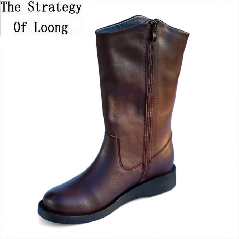 

Spring Autumn Women Genuine Leather Half Equestrian Boots Winter Ladies Plush Handmade Sewing Mid-Calf Boots 191224, Winter black1