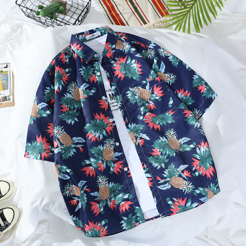 

Men' new short-sleeved beach pineapple print fashion casual slim business shirt men and women go with Asian sizes XXL, Navy blue