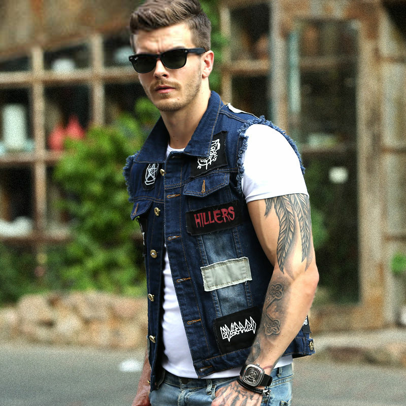 

American Streetwear Fashion Men Vest Patches Denim Vest Men Slim Fit Hip Hop Veste Hombre Sleeveless Biker Chaqueta, Dark blue