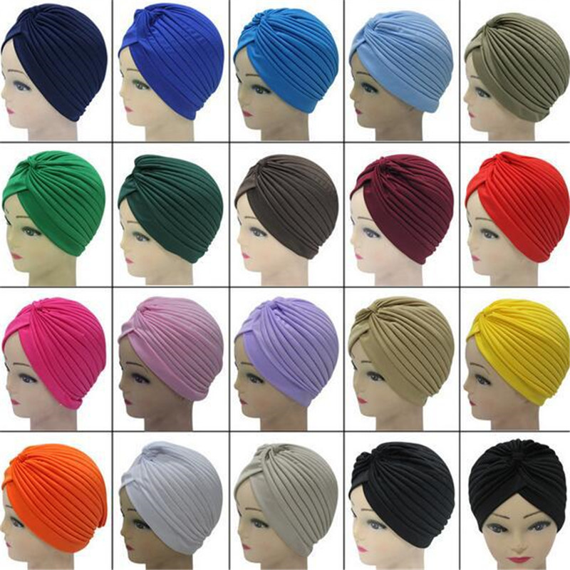 

hot sale Stretchy Turban Head Wrap Band Sleep Hat Chemo Bandana Hijab Pleated Indian Muslim headscarf Beanie Cap, Mixed color