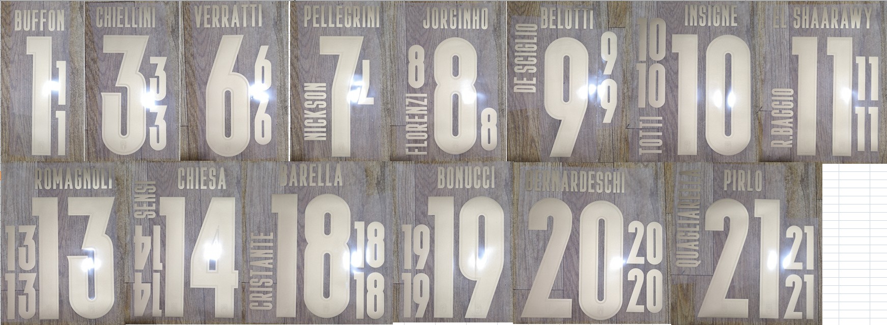 

2019 Italy 3rd away JORGINHO BUFFON CHIELLINI VERRATTI BELOTTI INSIGNE DE ROSSI PIRLO EL SHAARAWY PELLEGRINI nameset patch badge