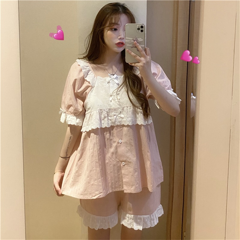 

2020 Summer Square Collar Kawaii Lace Woman Clothing Japanese Sweet Soft Girly Tracksuit Suit Girl Pajamas Home Service Female, Pink