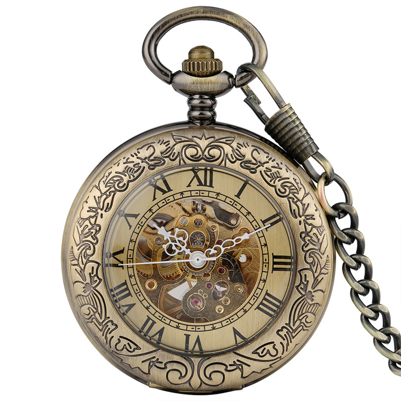 

Bronze Vintage Pocket Watch Roman Numerals Skeleton Automatic Mechanical Watches Men Women Self-winding Clock FOB Pendant Chain