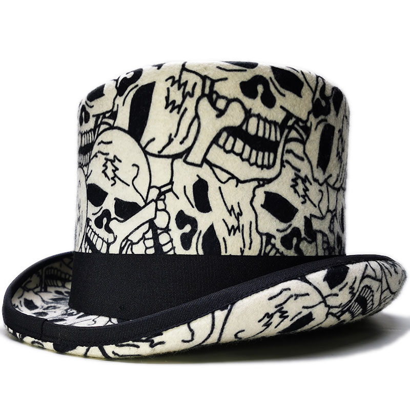 

Wide Brim Hats 100% Wool Felt 4 Size Skull Design Steampunk Formal Squire Top Cap Magician Fedoras Retro President Lincoln Gentleman Bowler, White