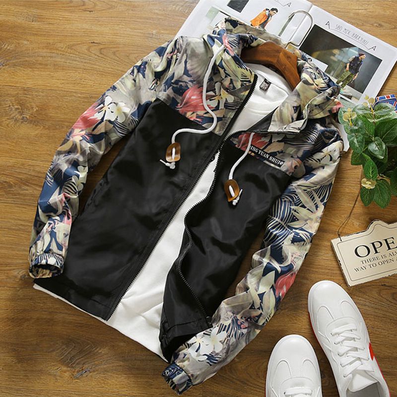 

Men's Hooded Jackets 2020 Spring Causal Flowers Windbreaker Men Basic Jackets Coats Zipper Lightweight Bomber Famale, Black