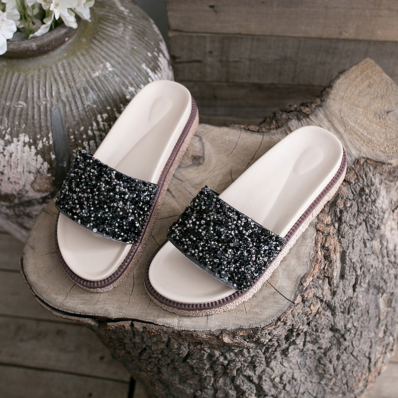 

Summer Women Shiny Rhinestones Sandals Girls Patchwork OutDoor Beach Open Toe Flip Flop Casual Thick Med Heel Slippers, Black