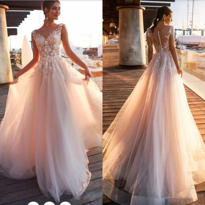 

Simple Beach Country Lace Appliques A Line Wedding Dresses Sheer Scoop Neck Covered Button Tulle Long Bridal Gowns, White