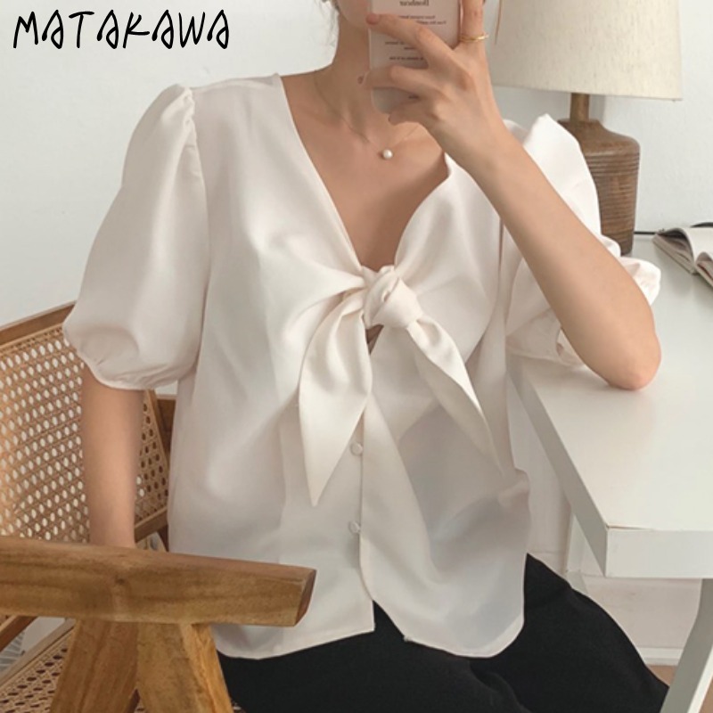 

MATAKAWA Front and Back Two Wear Short-sleeved Shirt 2020 Summer New Korean Chic Lace Bow Tie Blouses White Top Women