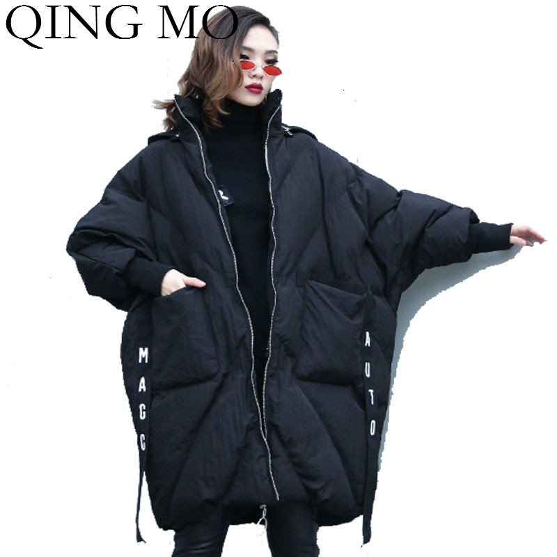 

QING MO 2019 Winter New Large Size Women Wadded Coat Women Hooded Coat Thick Warm Outwear With Letter Ribbon ZQY1933, Black