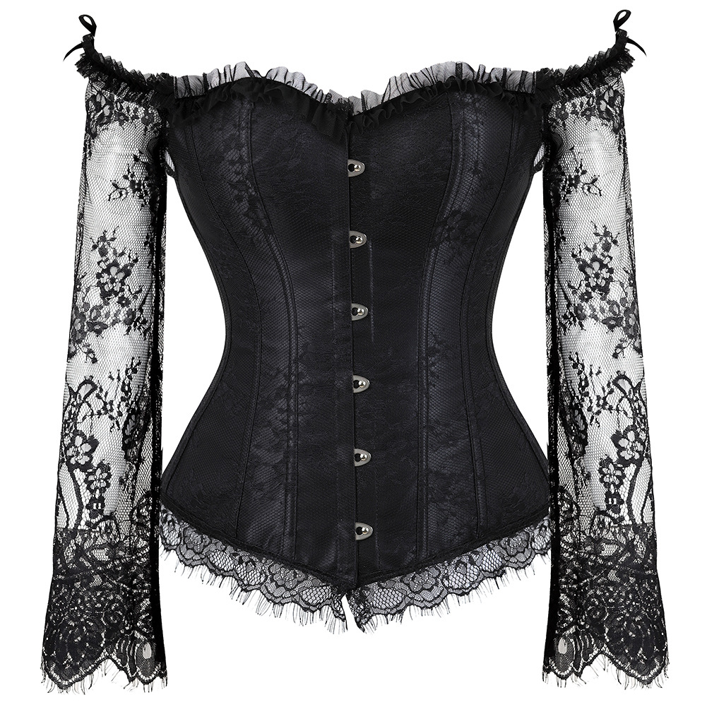 

Halloween Victorian Floral Lace Long Flare Sleeve Lolita Ruffle Bridal Corset Push up Bra Bustier Burlesque Party Dancing Corset with Sleeve, Black