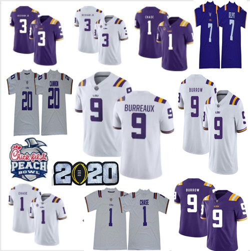 

2020 LSU Tigers #9 Joe Burrow Nickname Burreaux NCAA Odell Beckham Jr. Grant Delpit Tyrann Mathieu Leonard Chase College Football Jersey, 150th purple