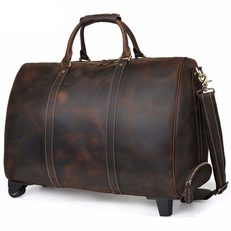 

Luxury Italian Handmade Leather Travel Duffle On Wheels Men Vintage Large Capacity Rolling Luggage Tote Bags Dark Brown