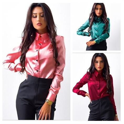 

Women silk satin blouse button lapel long sleeve shirts ladies office work elegant female Top high quality blusa, Red