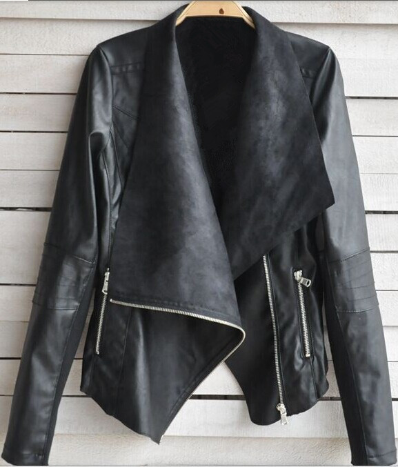 

Plus Size autumn and winter double-layer sheath slim full woman PU Leather jacket solid zipper asymmetric length female jacket, Beige