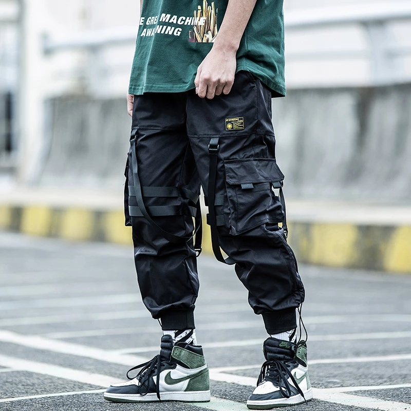 

Men' Pants Hip Hop Joggers Men Harajuku Streetwear Ribbon Multi-pocket Trousers Elastic Waist HipHop Male Dancing Pant GM407, Black