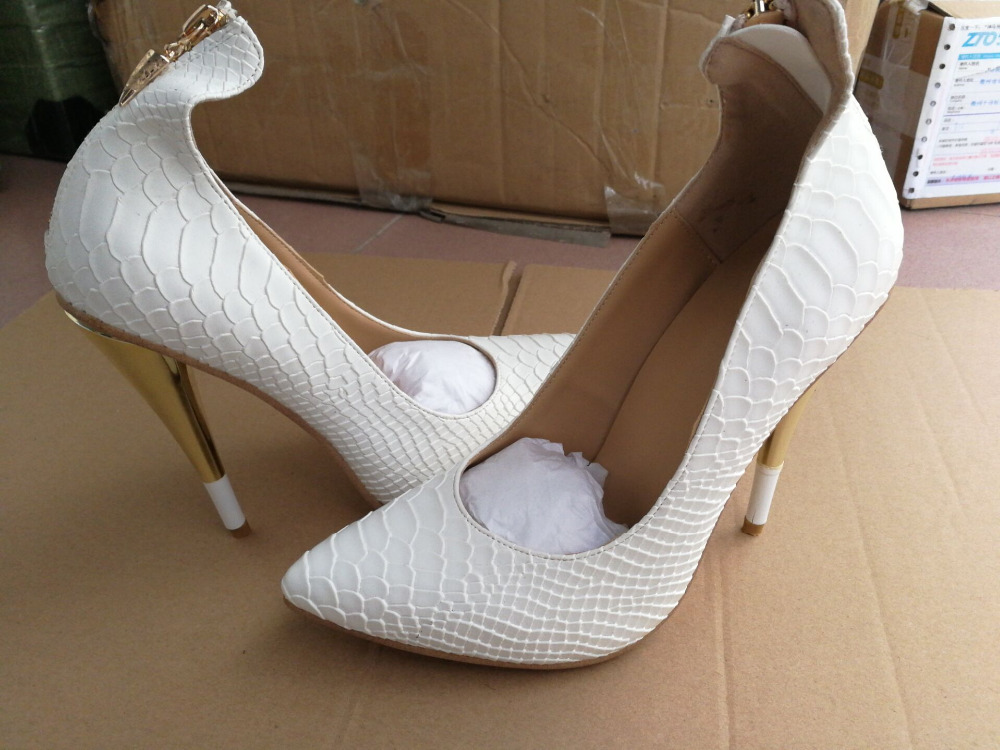

Hot Sale-White Embossed Leather Pointed Toe Women Pumps Gold Zipper High Heels Shoes Woman Spike Heels Wedding Shoes Zapatos Mujer