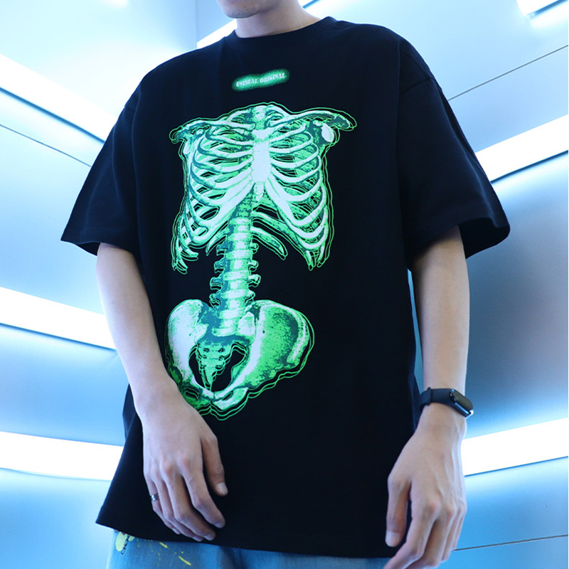 

Januarysnow 2020 Streetwear T Shirt Men Hip Hop Oversize Green Creepy Skeleton Tshirts Short Sleeve Cotton Loose T-Shirt Black Harajuku Tees, White