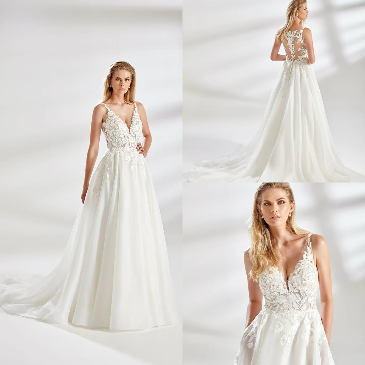 

2020 Eddy K Wedding Dresses Deep V Neck A Line Sweep Train Lace Appliques Robe De Mariee Customize Bohemian Country Bridal Gowns, Blue