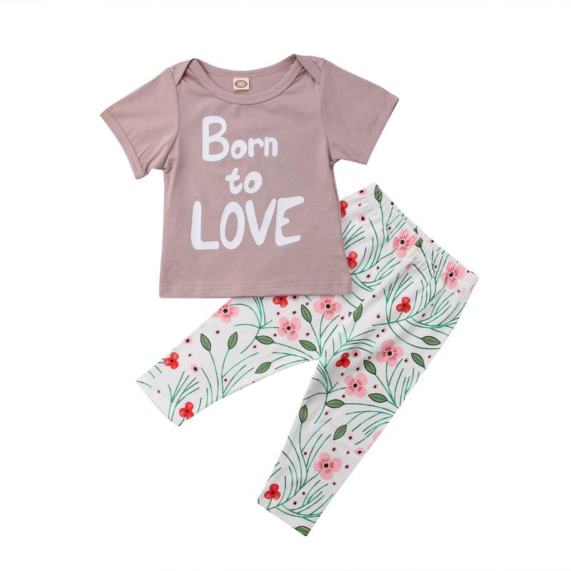 

Fashion Baby Girl Summer Fashion 2PCS Short Sleeve Letter Top T shirt +Flower Pants Outfits Sets, Brown