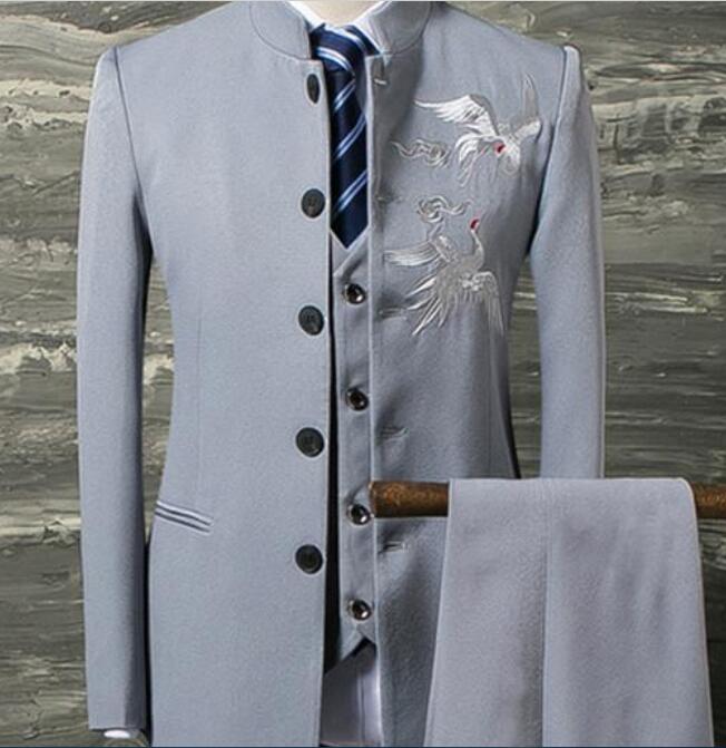 

NEW Blazers Fashion embroidery Zhongshan suits men's suit three-piece suit (jacket + pants + vest) men's business casual formal suit, Black