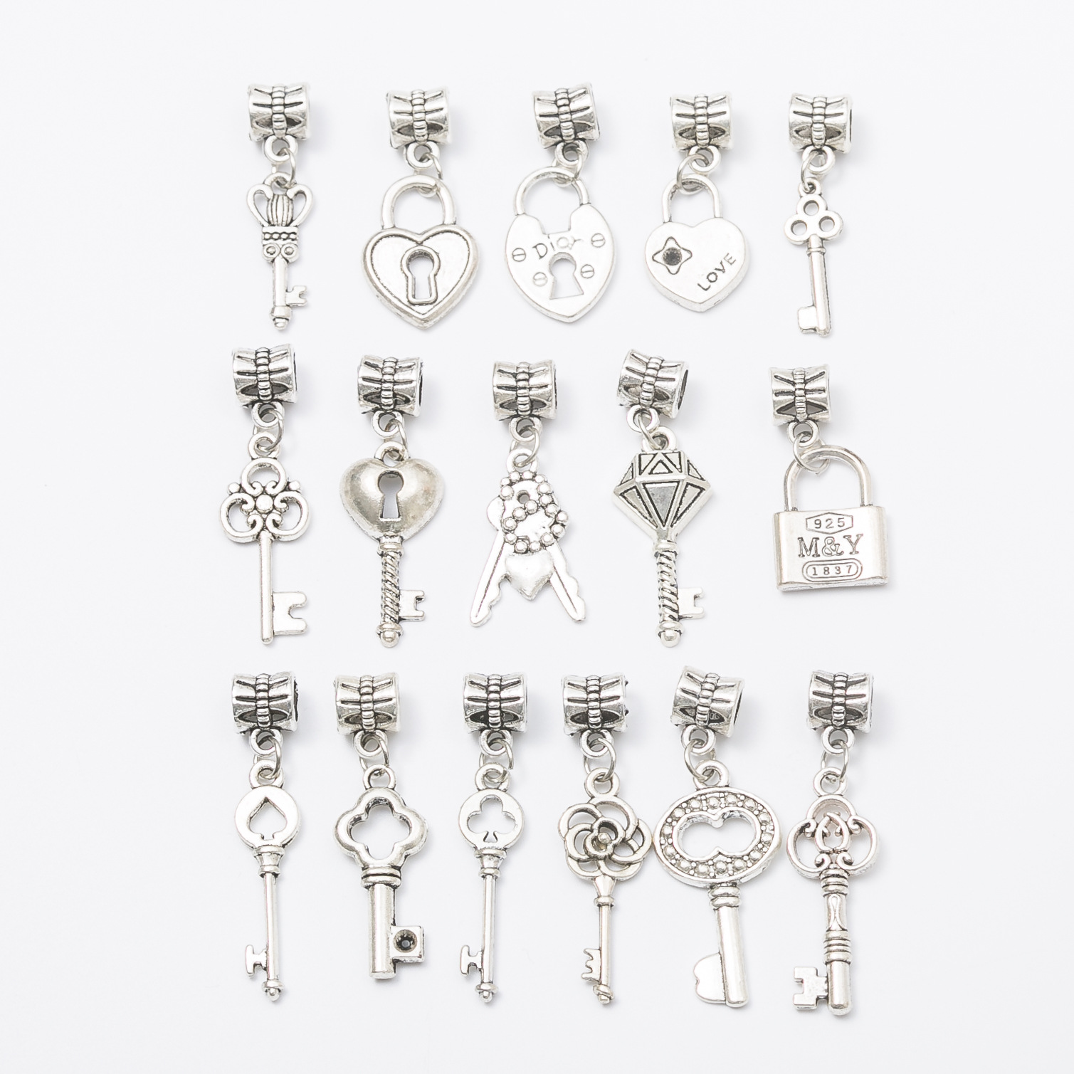 

Mix 16 LOCK KEY DANGLES Antique Silver Plated Alloy Big Hole Charms Beads fit bracelet DIY Jewelry Necklaces & Pendants Beads