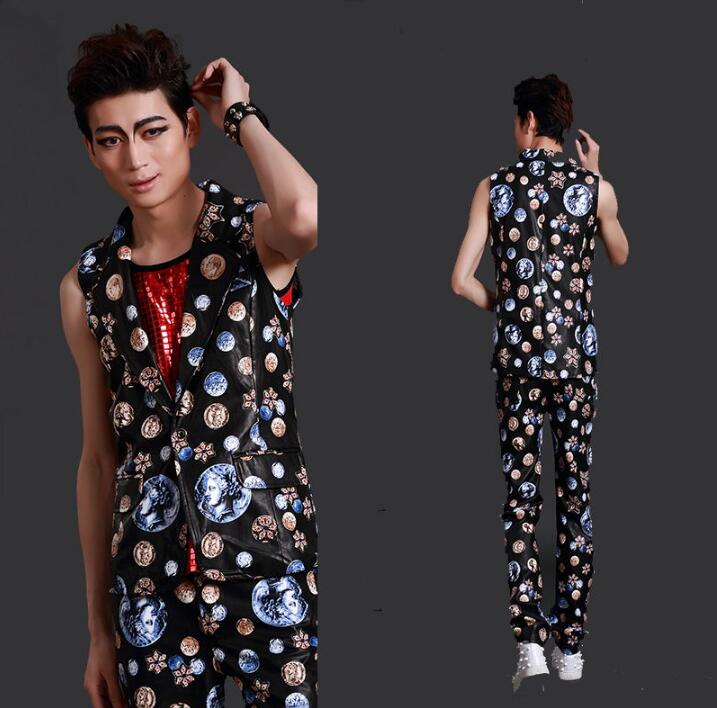 

Original colete masculino men vest set clothing camiseta hombre personalized singer dance stage street star style dress black, Vest and pant