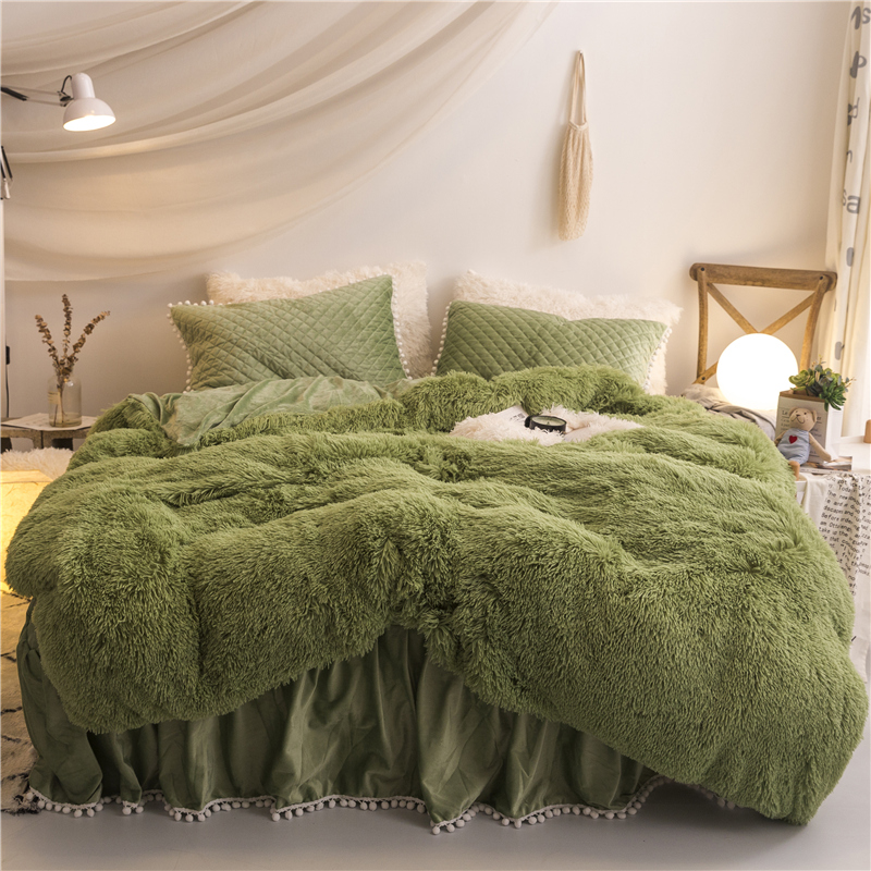 

New Plush Shaggy Mink Velvet Duvet Cover Quilted Pompoms Fringe Ruffles Bedskirt Pillowcases Girl Bedding Set Size Customizable