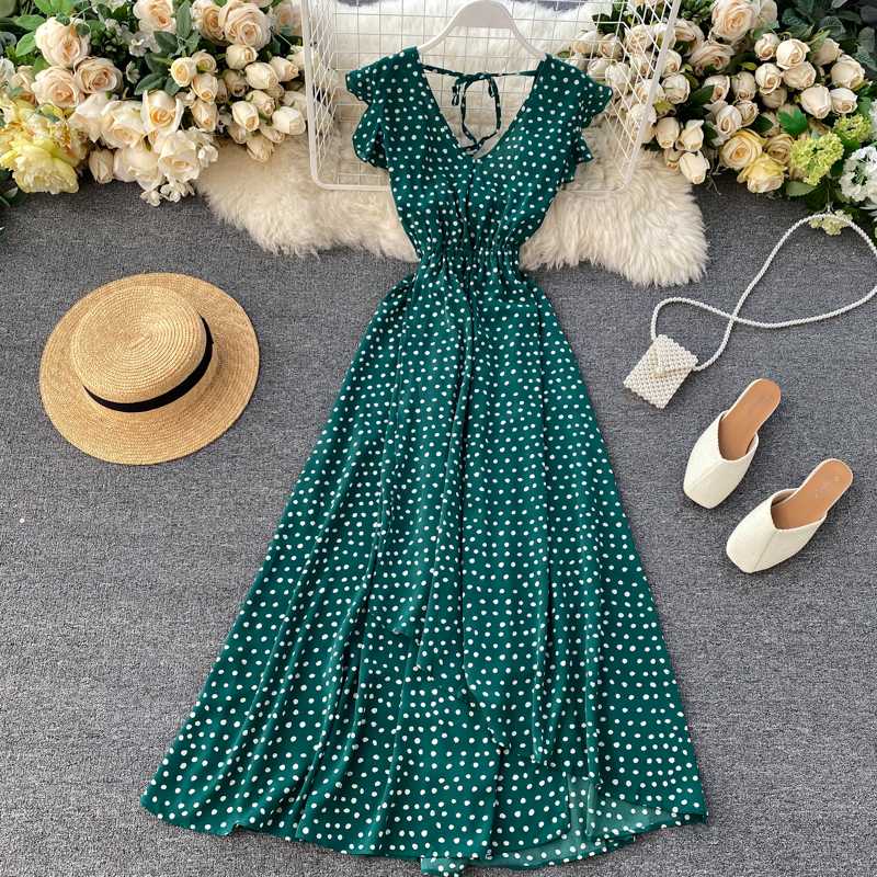 

Women French Polka Dot Long Dress Chiffon V-neck Backless Flounced Irregular Hemline Holiday Dress Ladies Retro Mid-calf, Black