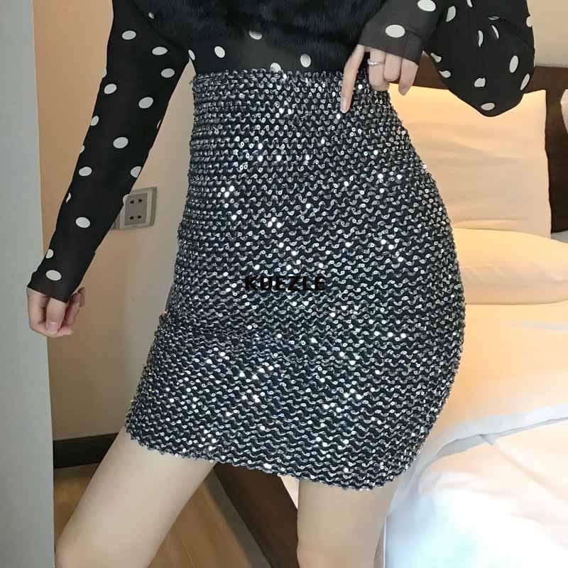

Bodycon Mini Skirts Sexy High Waist Pencil Skirt Women Sparkling Stretch Mini Hip Skirt Streetwear Black Short