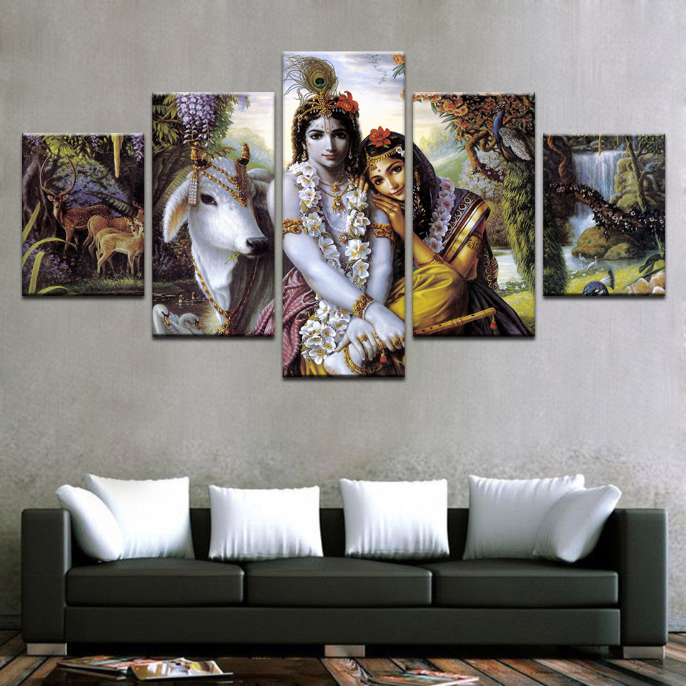 

5 Pieces India Myth Lord Krishna Vishnu Painting Modular Wall Art Poster Home Decor Canvas Prints Pictures For Living Room