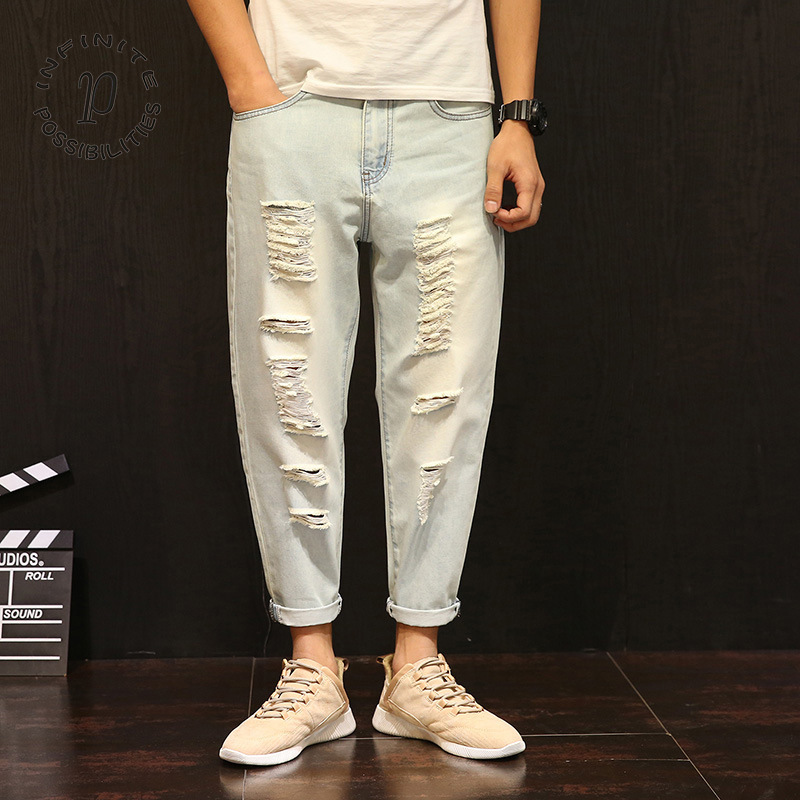 

2019 New Style Men's Street Youth Light Blue Grinding with Holes Capri Hee Harem Pants Cowboy Long Pants a Generation of Fat