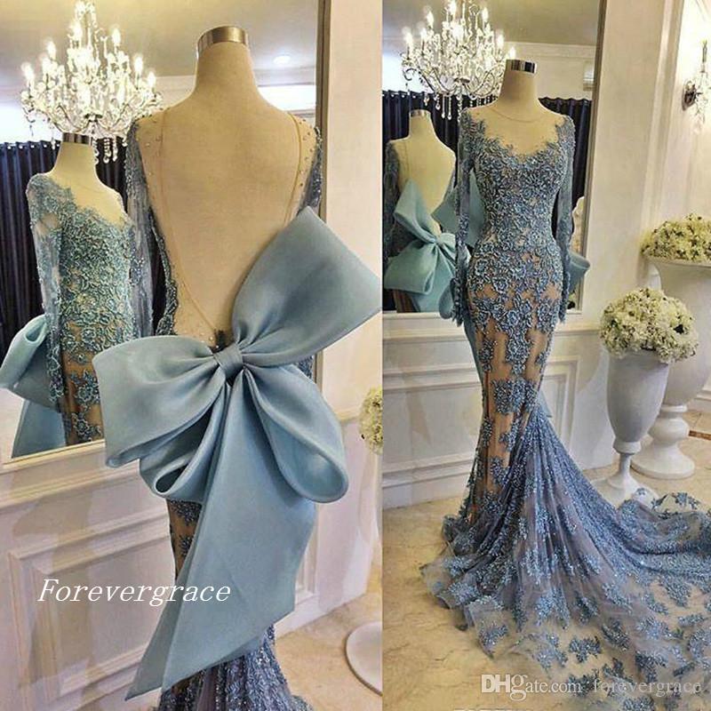 

2019 New Arrival Mermaid Evening Dress Lace Applique Big Bow Long Sleeves Pageant Formal Party Gown Custom Made Plus Size, Sage