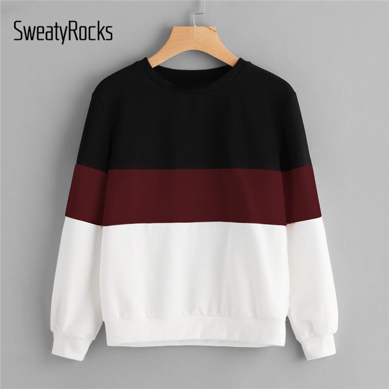 

SweatyRocks Cut And Sew Colorblock Pullover Sweatshirt Round Neck Multicolor Long Sleeve Women Clothing Autumn Sweatshirt, Multi