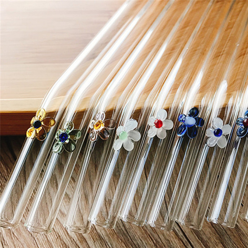 

2PC New Glass Straw 10 Colored Creative Flower Straw Glass Reusable Drinking Straws Bent Curved for hot Coffee Juice