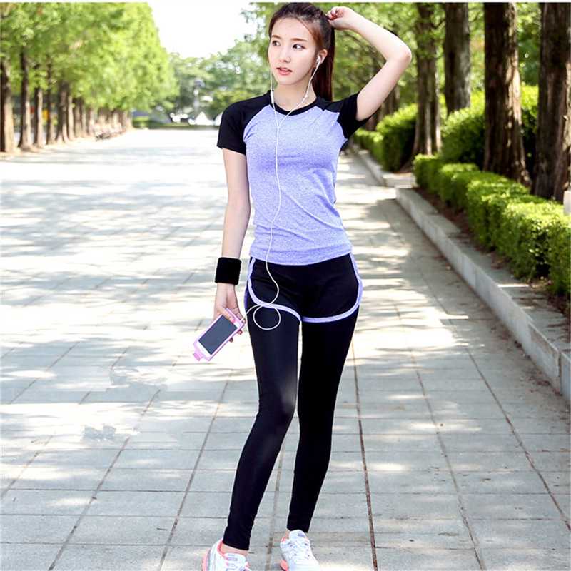 

Women 2 Pieces Yoga Set Short T-shirt&Pants Purple Black Patchwork Quick Dry Girls Sportswear Running Sport Fitness Clothes, As the picture