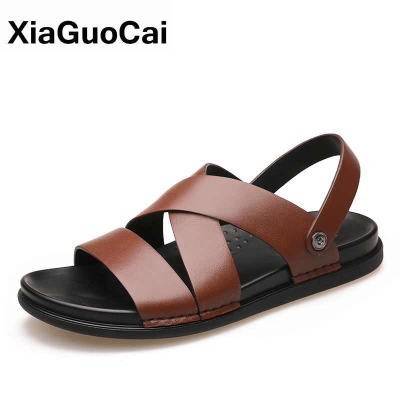 

2020 Summer Men Sandals Slippers Two Uses Genuine Leather High Quality Man Beach Shoes Soft Casual Male Footwear New Arrival, Black