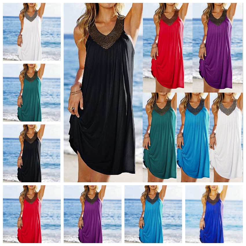 

Stylish Colored Sleeve Sexy Sleeveless V-Neck Rhinestuffed Beach Dress White, Red, Purple, Black Support Mixed Batch