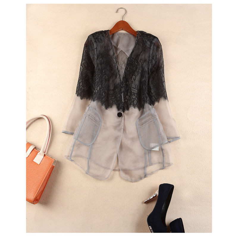 

Fashion Spliced Organza Jacket 2019 Spring New V-neck Lace Shirt Seven Sleeve Suit Jacket Thin Female Slim Fit Blazer Coat f702, Black