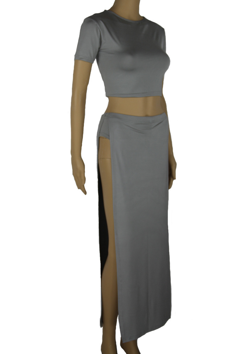 

5615 gray two-piece sexy split long skirt nightclub navel dress, As shown in figure