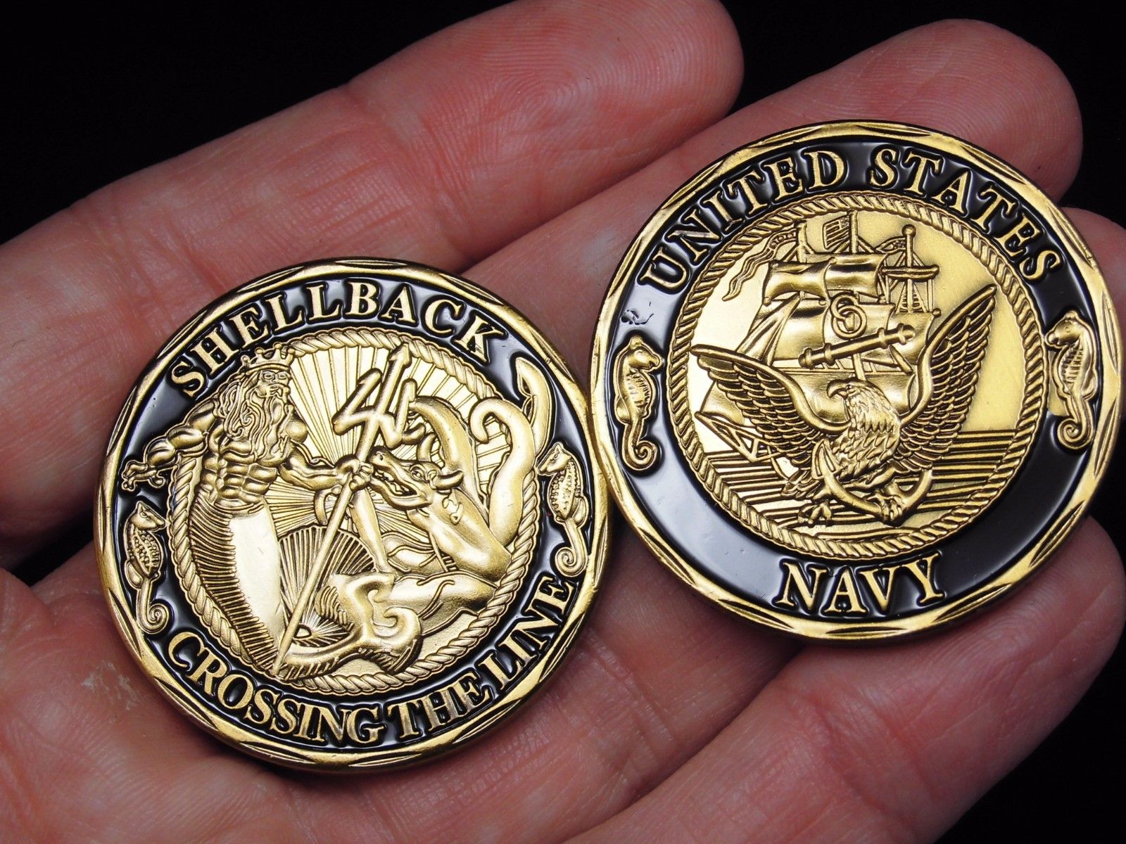 

Free Shipping 2pcs/lot, Shellback Crossing the Line Navy Ceremonial Challenge Coin US Navy Pollywog