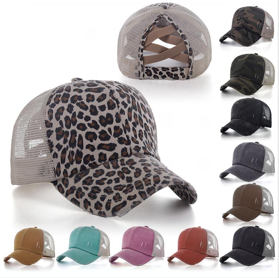 

Women Washed Mesh Baseball Cap Outdoor Leopard Camo Print Hollow Criss Cross Ponytail Messy Bun Trucker Hat DDA306, Blue;gray