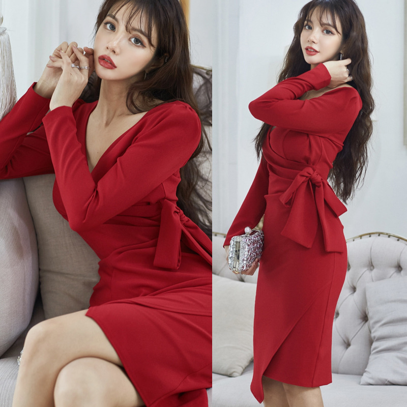 

2020 Sexy V Neck Long Sleeve High Waist Red Cocktail Dress Bow Tie Waist Women Special Occasion Satin Dress Vestidos De Fiesta