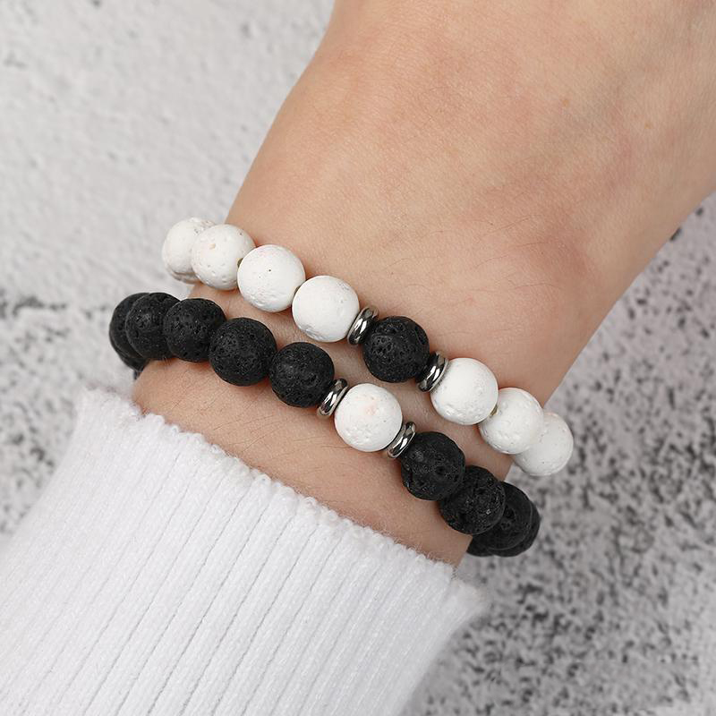 

New Arrival 8MM Black White Lava Stone Beads Bracelet for Women Men Handmade Elastic Natural Stone Couple Bracelet Jewelry Gift