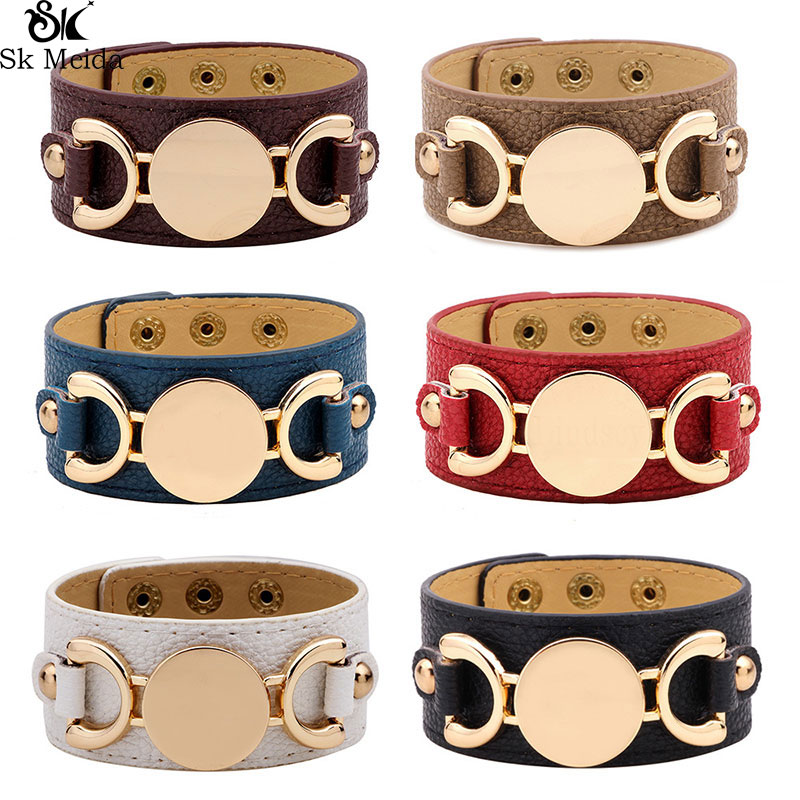 

New fashion women bracelet trend wide leather ladies bracelet large metal vintage round bracelets Personality design gift BN-37
