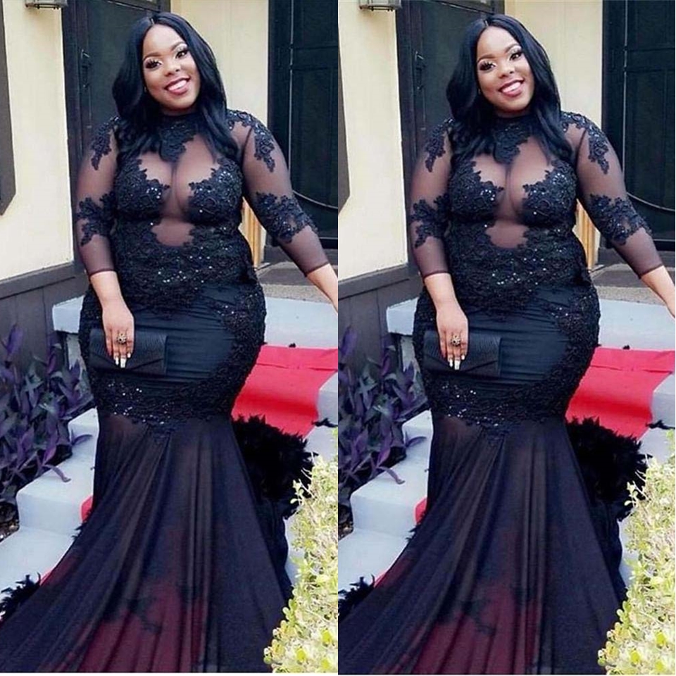

African Black Girls Plus Size Black Long Prom Dresses Mermaid High Neck Illusion Sheer Top Appliques Sequins Long Evening Gowns SD3339, Water melon