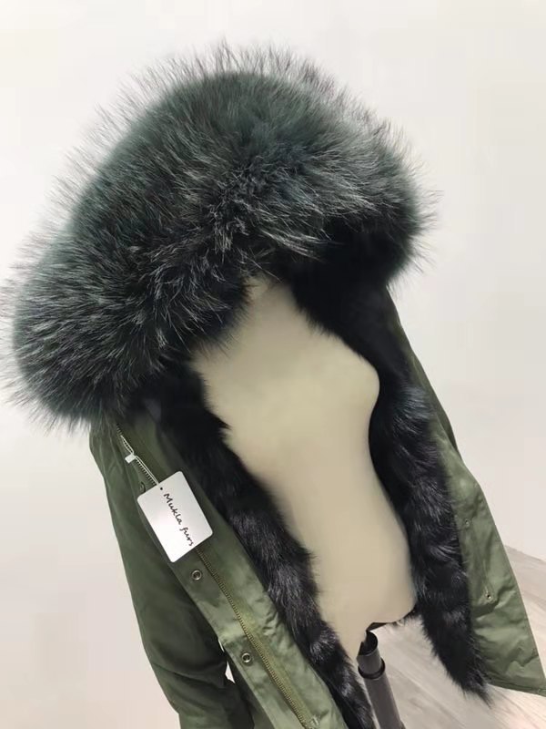 

2 style Fox fur trim collar MUKLA FURS brand Olive silver fox fur lining army green canvas long parkas women winter coats Germany, Olive green fox fur