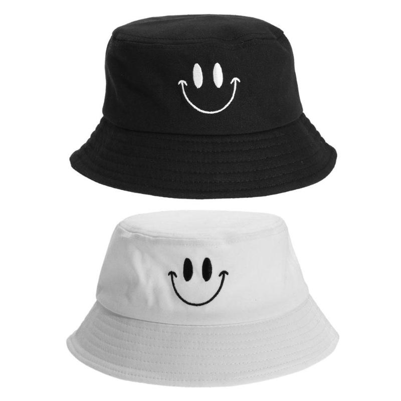 

Hot Smile Face Embroidery Sunscreen Bucket Hat Men Women Caps Panama Fisherman Solid Color High Quality Cotton Summer Autumn Simple Hats, Multi