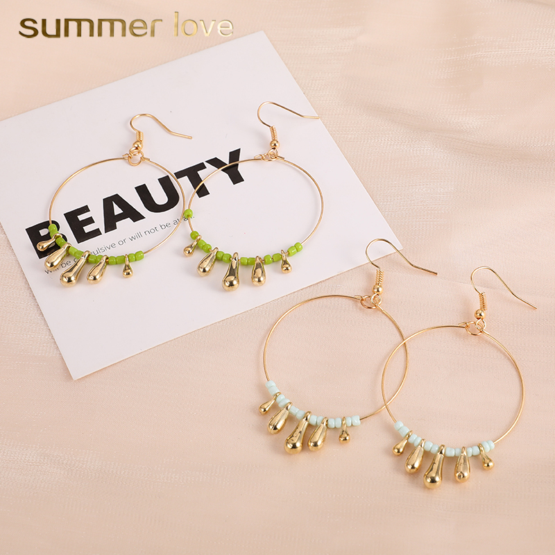 

New Fashion Bohemian Acrylic Beads Dangle Earrings For Women Vintage Big Round Gold Alloy Dangle Earrings Jewelry Gift