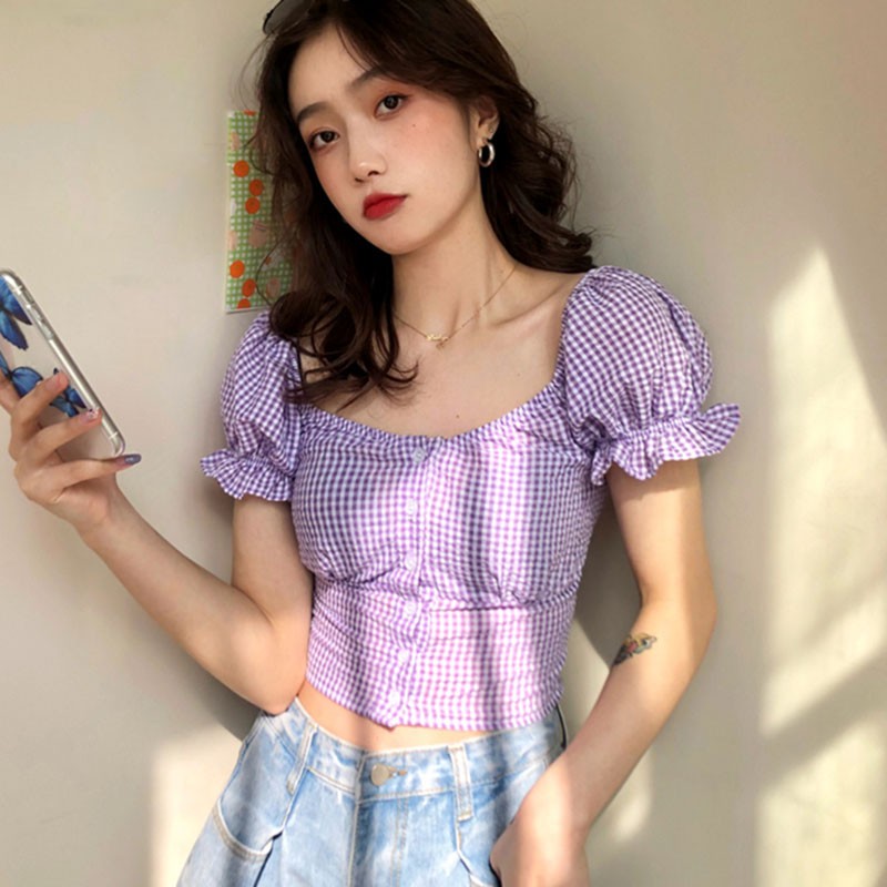 

2020 New Plaid Print Top Fashion Sweet Ruffles Puff Sleeves T Shirt Women's Square Collar Short Sleeve T-shirt, Black